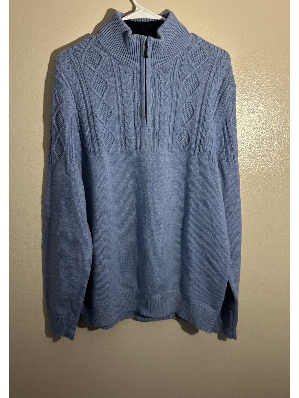 Nautica Sweater Mens Size L Mock Neck Cable Knit Quarter Zip Blue Preppy New